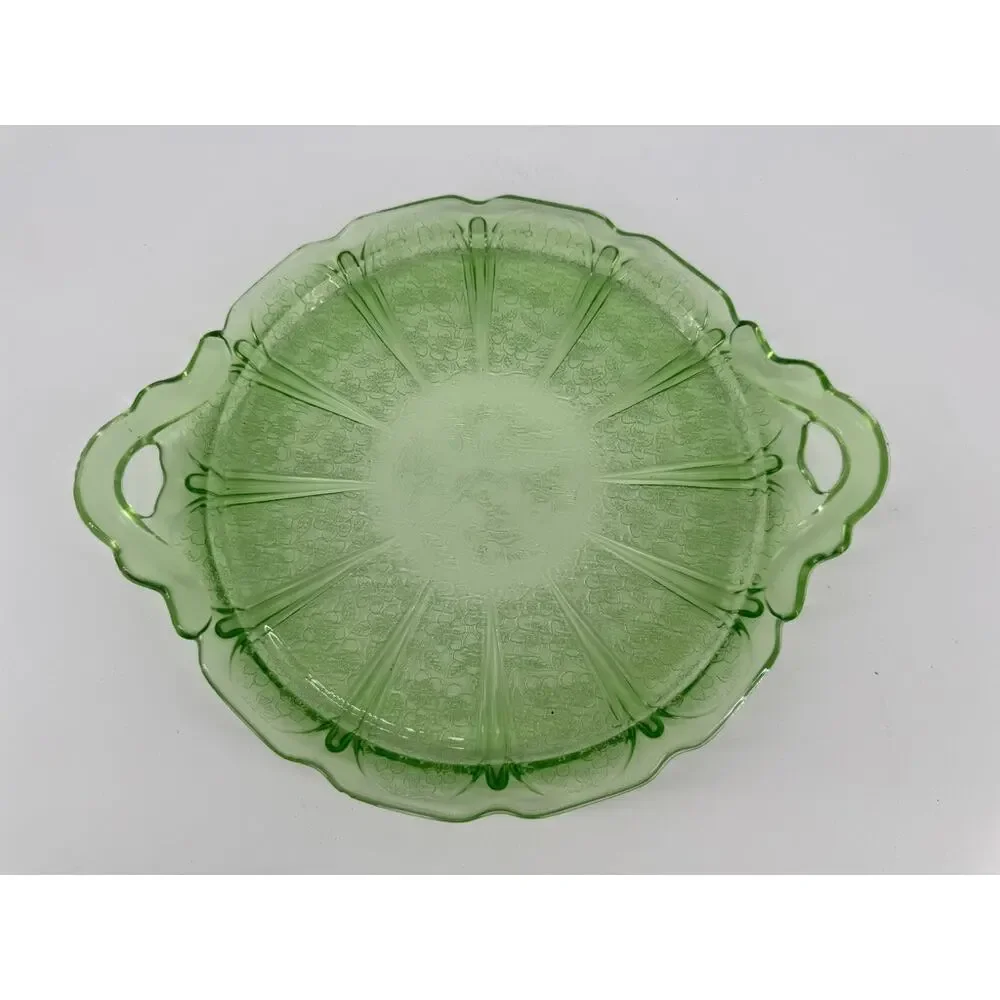 Jeannette Cherry Blossom Uranium Green Depression Glass Handled Serving Plate